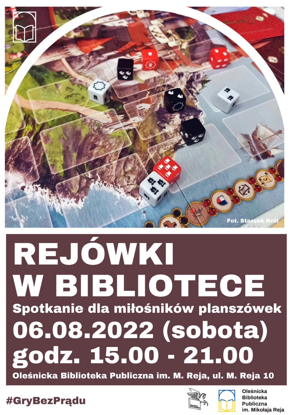 Plakat promujący sierpniowe spotkanie dla miłośników gier planszowych